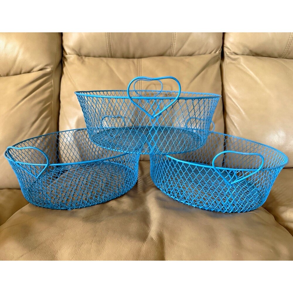 Set of 3 Blue Metal Wire Mesh Round Storage Baskets w/ Handles 11in x 5in